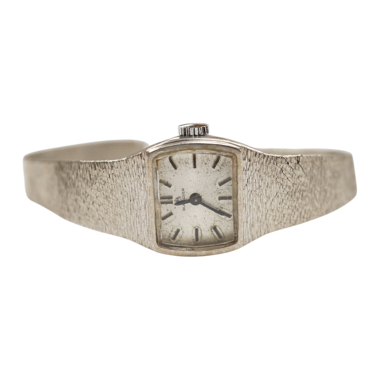 A lady's modern 18k white metal Bucherer manual wind bracelet wrist watch, gross weight 26.1 grams, bracelet a,f, Condition - poor.